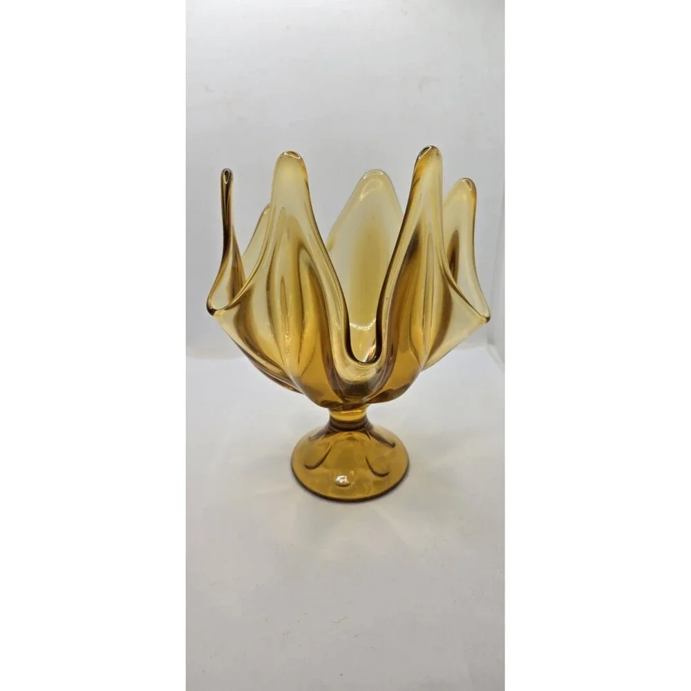 Vintage VIKING Epic Six Petal Amber-Gold Handkerchief Swung Glass Pedestal Vase